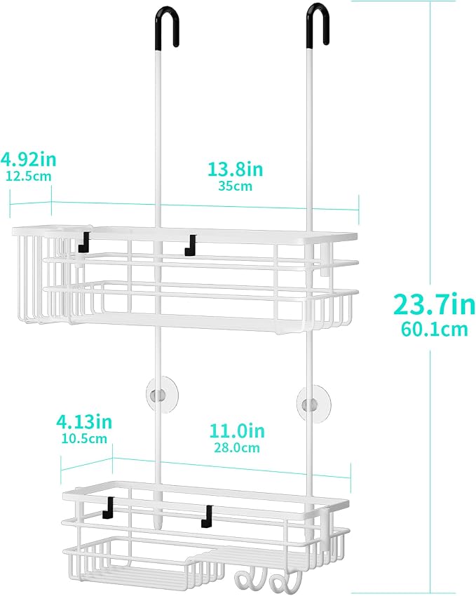 HapiRm Hanging Shower Caddy Organizer - No Drilling Shower Shelves with Hooks and Toothbrush Holder, Rustproof 304 Stainless Steel Bathroom Organizer - White