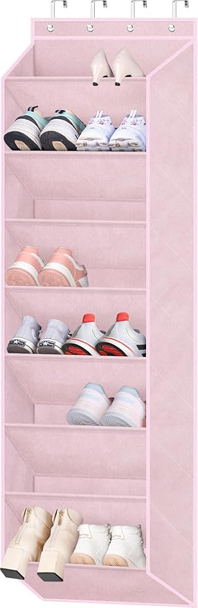 SLEEPING LAMB Over The Door Shoe Organizer for Closet with Large Deep Pockets, Narrow Shoe Rack for Door Hanging Boots Storage, Pink