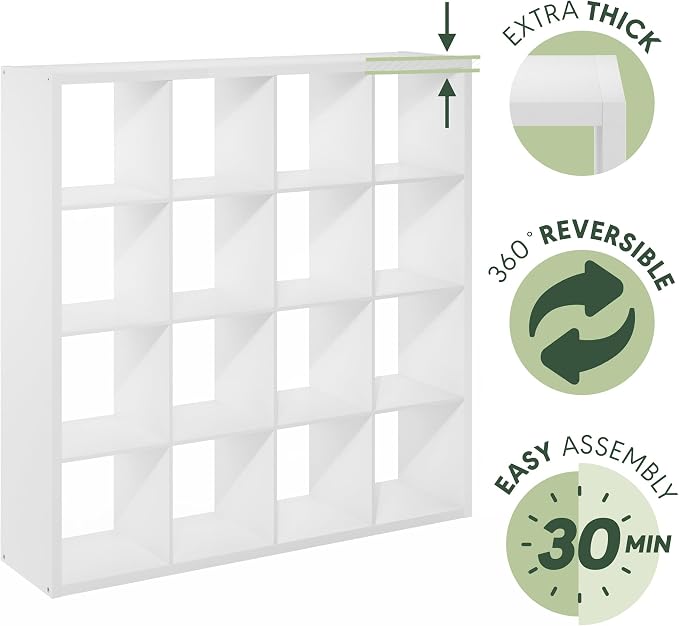 Furinno Cubicle 16-Cube Book Shelf, Extra Thick Frame Bookshelf, White | 14.6" x 58" x 58", Reversible Bookcase with Open Back, for Living Room, Bedroom, Home Office