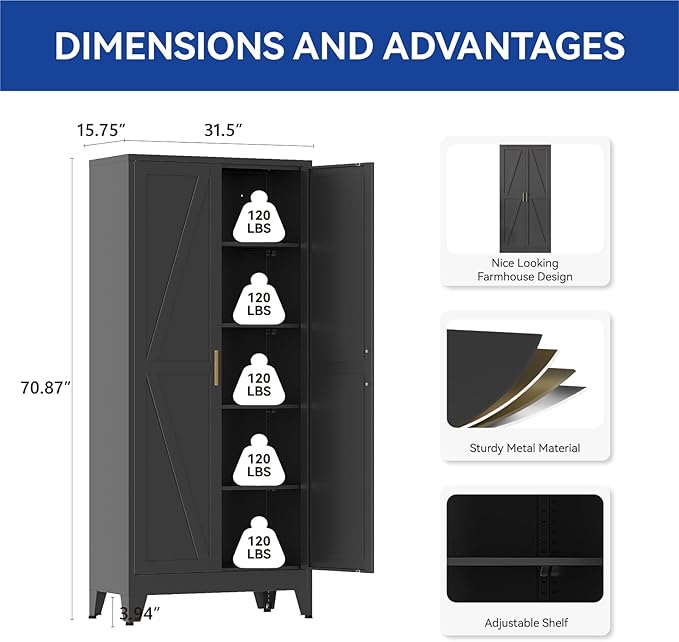 COFaR Metal Pantry Cabinet with Doors, Farmhouse 71'' Tall Storage Cabinet with 4 Adjustable Shelves, Kitchen Pantry Cabinet for Dinning Room, Garage, Laundry, Bathroom, Black 5-Tier