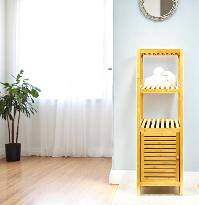 RoyalHouse Bamboo 3-Tier Floor Organizer with Shutter Door, Freestanding Storage Tower for Bathroom, Bedroom, Kitchen, Laundry Room – Eco-Friendly Natural Bamboo