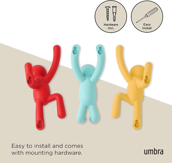 Umbra Buddy Wall Hooks – Decorative Wall Mounted Coat Hooks for Hanging Coats, Scarves, Bags, Purses, Backpacks, Towels and More, Set of 3, Red/Blue/Yellow