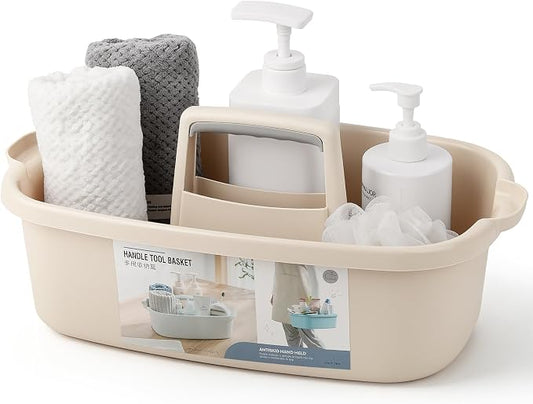 Large Cleaning Supplies Caddy Portable Shower Caddy Basket Beige | Sturdy Supply Organizer with Handle Plastic Bucket Tool Storage for Bathroom Bedroom Kitchen Garden College Dorm Essentials