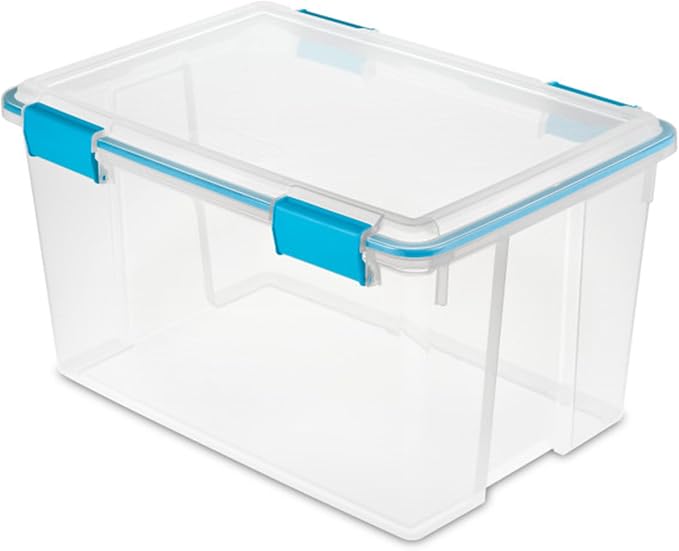 Sterilite Gasket Storage Box with Lids for Home & Office, 54 Quart, 8-Pack | Heavy-Duty, Stackable, and Organizing Containers for Bathroom, Cabinet, Closet, and Garage, Clear and Blue Aquarium Latches