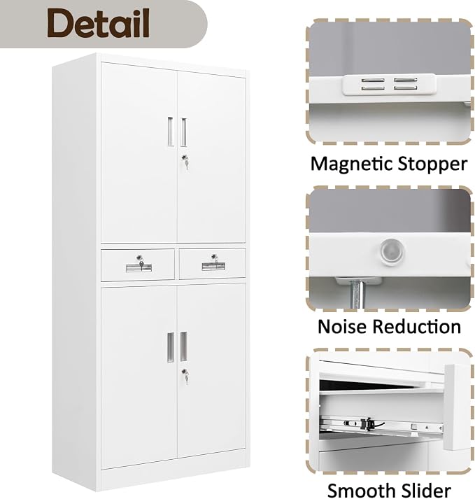 CJF Metal Storage Cabinet with Adjustable Shelves and Drawers, 71" H Locking Pantry Storage Cabinet for Office, Garage, Home, School, Utility (White)