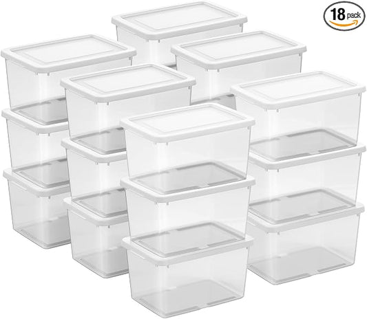 Sterilite Storage Box, Stackable Clear Plastic Bins, 20 Quart, 18-Pack | Heavy-Duty Organizing Containers with Snap-On Lids for Closet, Bathroom, and Office