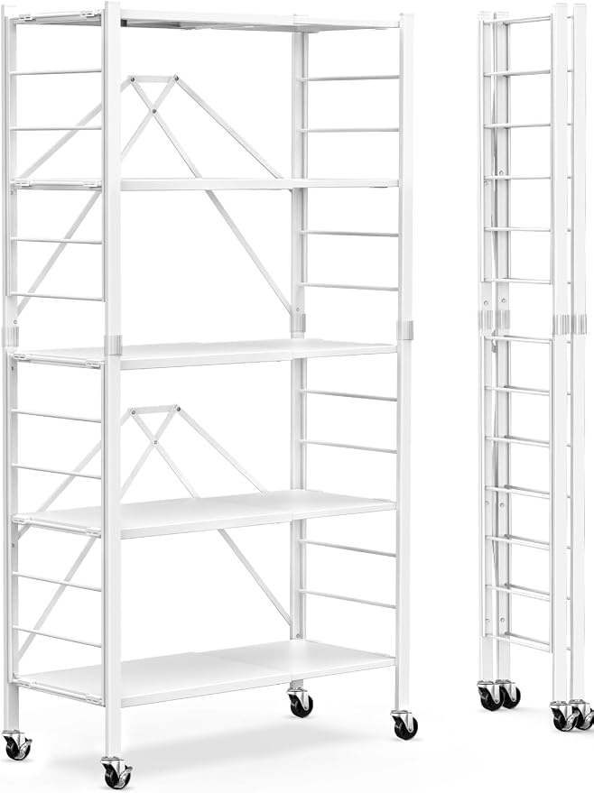 Himix 5-Tier Foldable Storage Shelves with Wheels Expandable Kitchen White