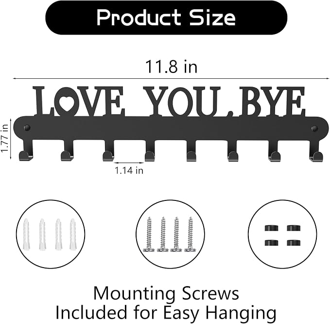 Key Holder for Wall - 'Love You Bye' Key Hooks, Black, 6 Hooks | Key Holder Wall Mount Self Adhesive, Key Rack Wall Mount for Wall No Drill for Living Room, Kitchen, Bathroom, Garage