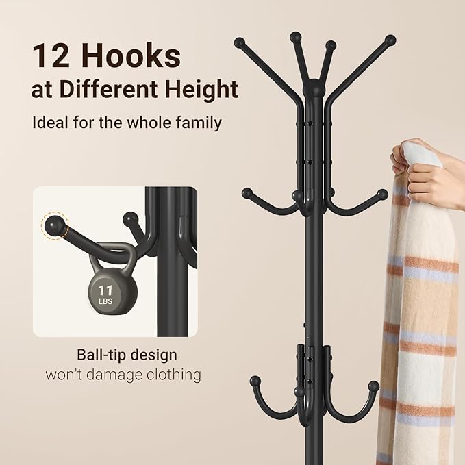 ELYKEN Coat Rack Freestanding, Metal Coat Rack with Umbrella Holder | 12 Hooks, Square Base, Heavy Duty Floor Standing Coat Tree for Entryway, Hallway, Living Room, Bedroom, Office, Black