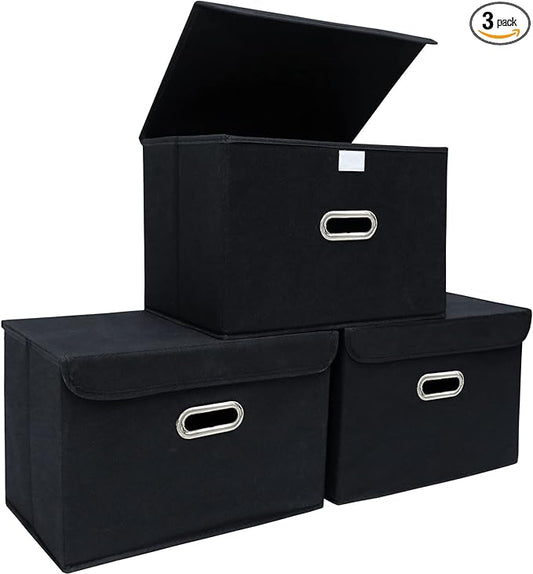 STOREONE Fabric Storage Cube Bins Foldable Organizer Container Collapsible Basket with Lids and Metal Handles, for Home, Bedroom, Closet (Black, 3 Pcs)