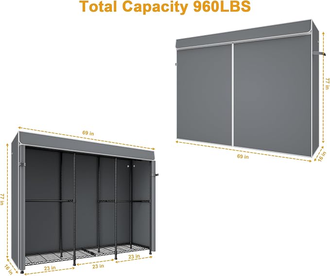 E14C Pro Heavy Duty Closet Organizer System，Freestanding Clothing Racks for Hanging Clothes，Adjustable Garment Rack 69" W × 16" D × 77" H Hold 960 lbs，Black Rack with Grey Dustproof Cover