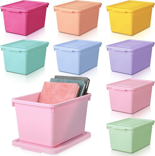 Potchen 8 Pack Small Stackable Storage Bins with Lids Plastic Storage Boxes for Classroom 9.8" ×7.3" ×5.7" Decorative Organizer Bins for Craft Art Office Teacher Supplies (Mixed Color)