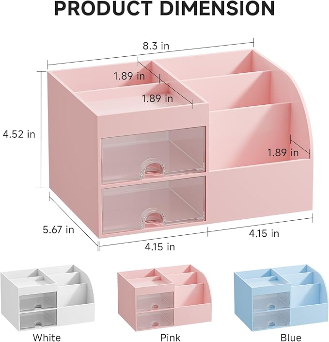 Makeup Organizer with 2 Drawers, Makeup Organizers Countertop for Vanity and Bathroom, Make up organization and Skincare Storage with Brush Holder, for Dresser, Desktop, Cosmetic Display Case (Pink)