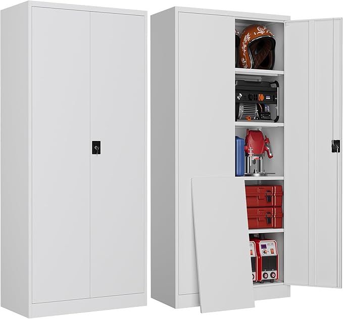 Metal Garage Storage Cabinets with Lock, 72" Tall Tool Cabinet with 2 Door and 4 Adjustable Shelves, Locking Garage Cabinets and Lockable Steel Locker for Home Office Warehouse - (White-72”H)