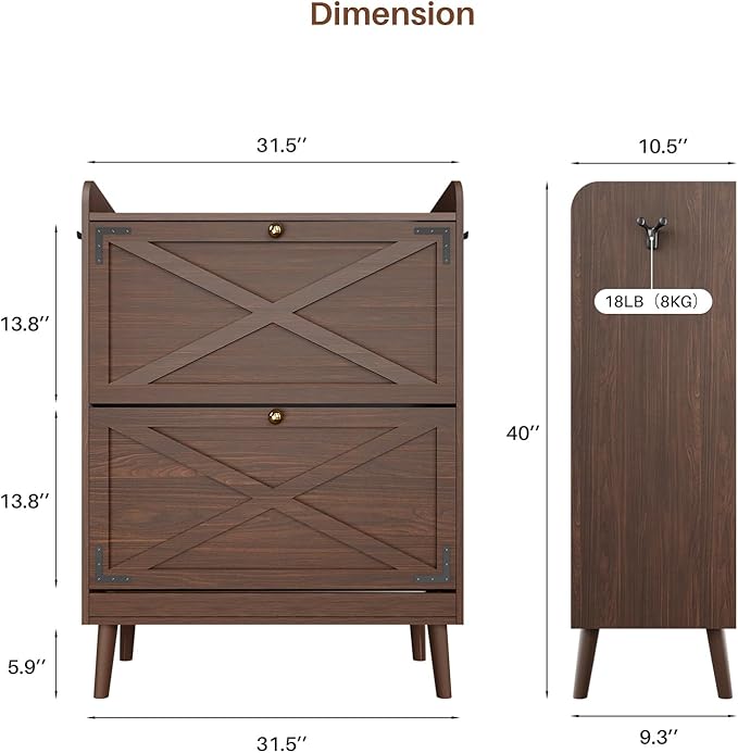 YZ HOME Shoe Storage Cabinet with 2 Flip Drawers | Entryway Shoe Cabinet, Metal Hooks & Adjustable Shelves, Freestanding Narrow Shoe Rack for Hallway Foyer, Brown