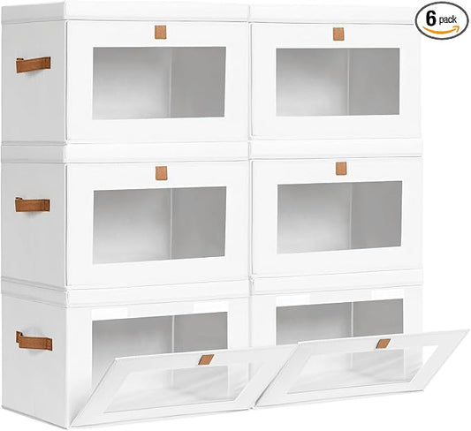 Homsorout Large Clothing Storage Bins - Collapsible Boxes with Handles & Window, Decorative Organizer Bins with Lids, Fabric Containers for Living Room, Dorm, 6 Pack, White
