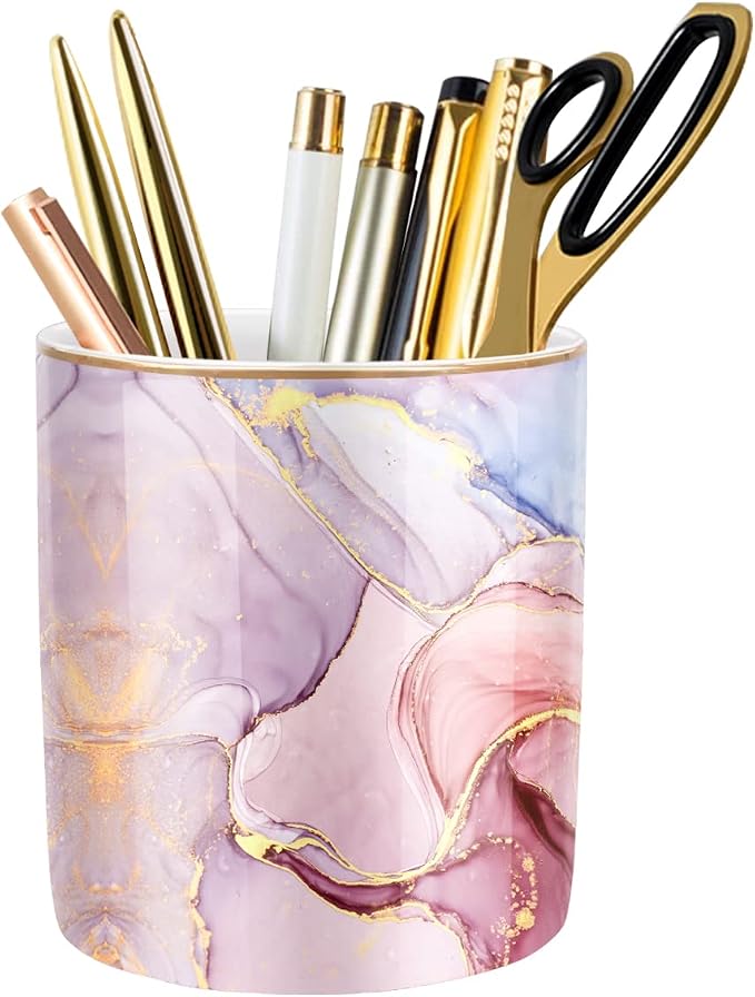 Pink Pen Holder for Desk, Premium Ceramic Pencil Holder Pen Cup Marker Holder Makeup Brush Holders, Desk Accessories & Workspace Organizers for Home, Office,Colorful Marble