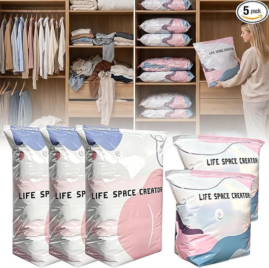 2026 Upgrade No‑pump Vacuum Storage Bags, Premium Extra Large Capacity Storage Compression Bags, Reusable Heavy Duty Storage Organize for Clothes Comforters Blankets Travel & Home (Medium * 5 Sets)