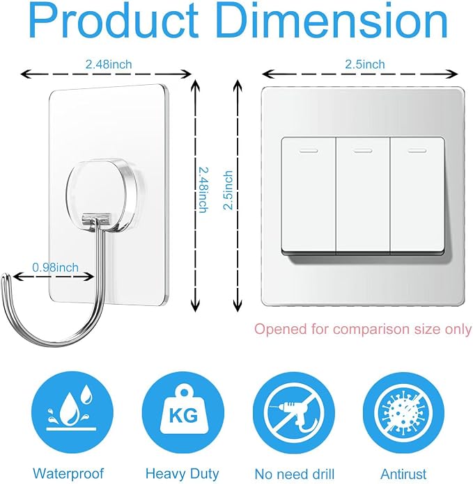 JINSHUNFA Adhesive Wall Hooks 13LB Heavy Duty No Drill Large Transparent Waterproof Hooks for Bathroom Kitchen Towel Coat 8 Pack