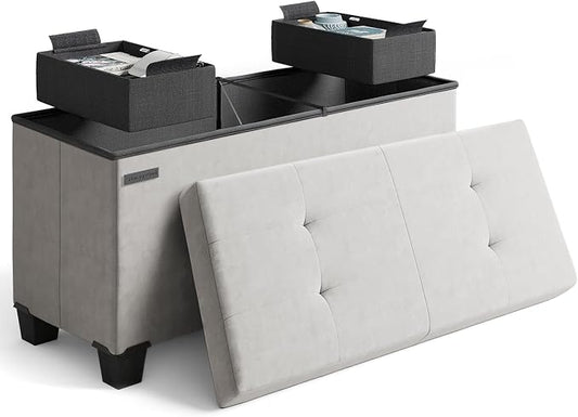 Storage Ottoman Bench with Bins, 30-in Storage Bench for Bedroom End of Bed, Folding Foot Rest Ottoman for Living Room Max 660lbs, Velvet Ottomans, Light Grey