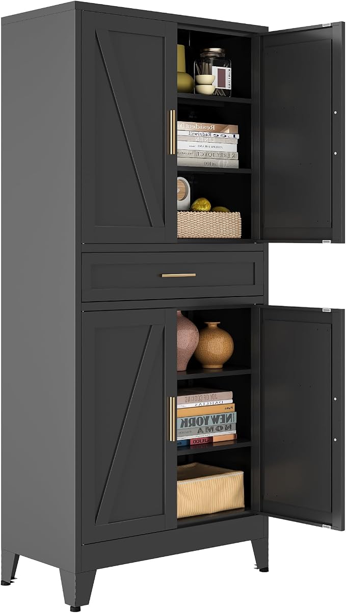 Bevivog 71" Kitchen Pantry Cabinet, Metal Storage Cabinet with Drawer, 2 Doors and 4 Adjustable Shelves Cabinet for Home Office Laundry Living Room Farmhouse Black Metal Pantry