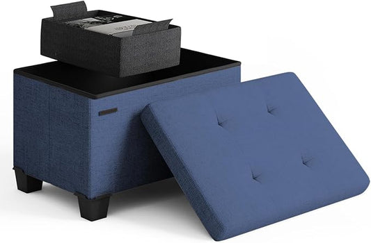 Storage Ottoman Cube with Small Bin, 16-in Square Ottoman with Storage for Living Room and Bedroom, Small Ottomans Foot Rest, Fabric Foot Stools Ottomans Max 330lbs, Blue