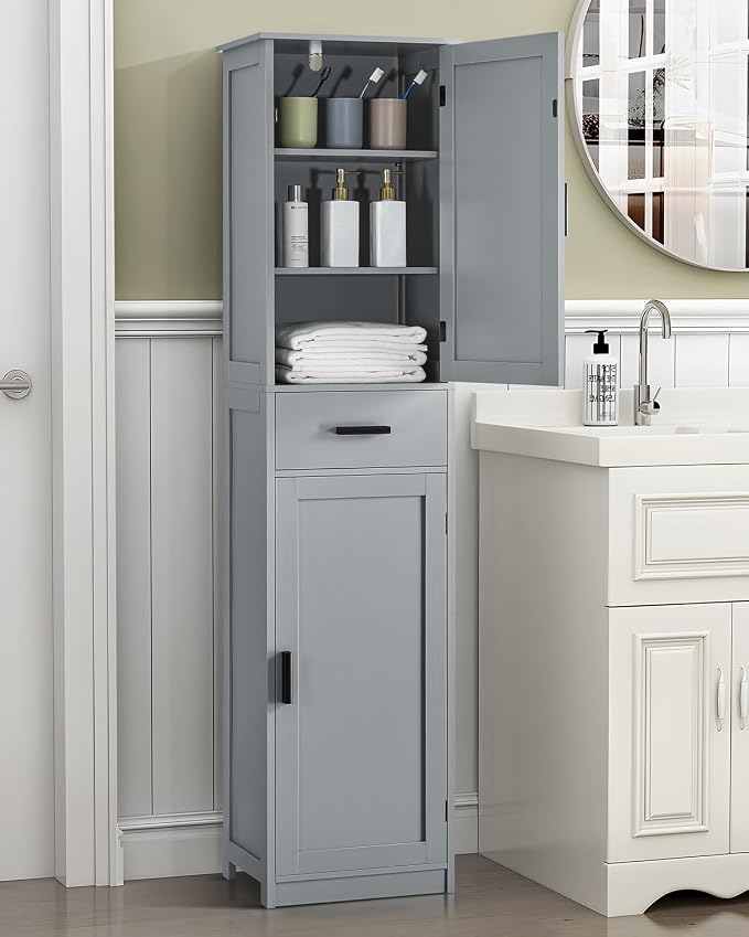 usikey 67“ Tall Bathroom Cabinet, Storage Cabinet with 4 Shelves & 2 Doors, Narrow Storage Cabinet for Bathroom, Living Room, Home Office, Greige
