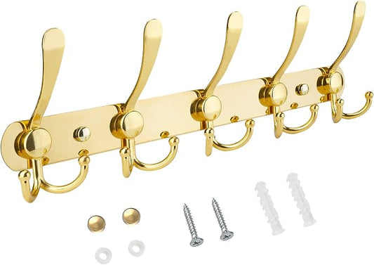 TICONN Wall Mounted Coat Rack, Five Heavy Duty Tri Hooks All Metal Construction for Jacket Coat Hat in Mudroom Entryway (Gold, 1-Pack)