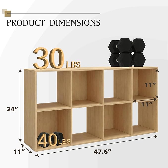 WannabeMyself【Sturdy Build&Easy Assembly】8 Cube Storage Organizer with Anti-Tipping Kits,Reversible Open Back Book Shelf, Bookcase for Living Room,Bedroom,Entrance Hall,Office,24.1×11.4×47.7,Oak Color