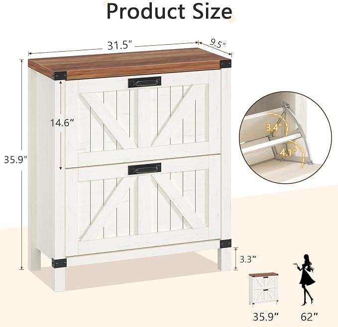 Fluted Shoe Cabinet Storage with 2 Flip Drawers for Entryway, Hallway | Narrow Shoe Rack Freestanding Shoe Organizer with Legs for Entryway，Hallway, Brown & White