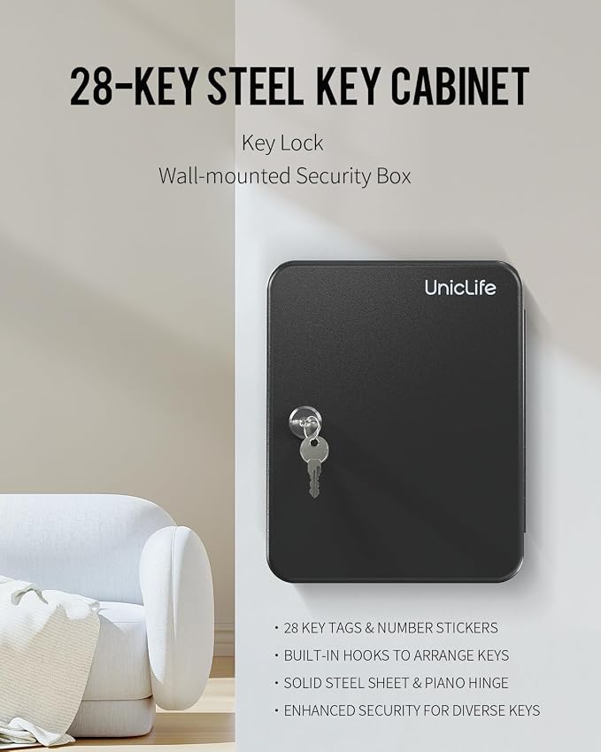 Uniclife Steel Key Cabinet Wall Mounted Organizer - 28 Keys, 2 Unlocking Keys - Black Frosted Security Box with Hooks and Color-Coded Labels