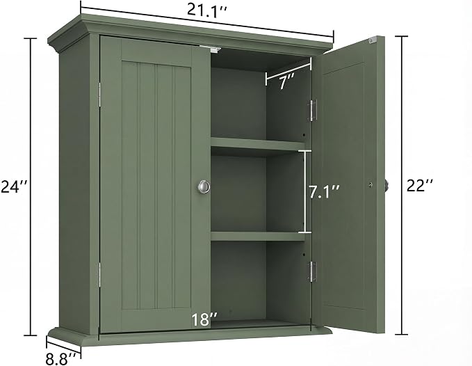 ChooChoo Bathroom Wall Cabinet with 2 Doors, Over The Toilet | 8.8"D x 21.1"W x 24"H, Medicine Cabinet, Adjustable Shelves, Cupboard, Green