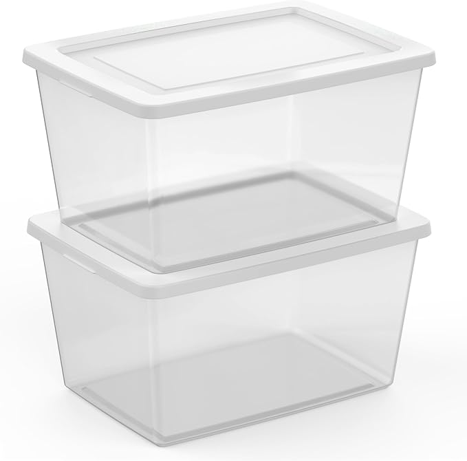 Sterilite Clear Storage Box Stackable Tote, 58 Quart, 18-Pack | Clear Plastic Container with Secure Snapping Lids for Home and Office Organization, White