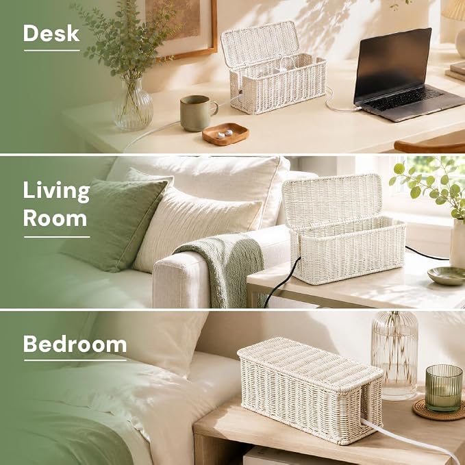 Cable Management Box, Handmade Rattan Cable Organizer with 2 Open Slots, Cord Hider for Power Strip, Router & USB Hub, Registered U.S. Design Patent (D1,112,102), 13" x 5.1" x 5.1", White