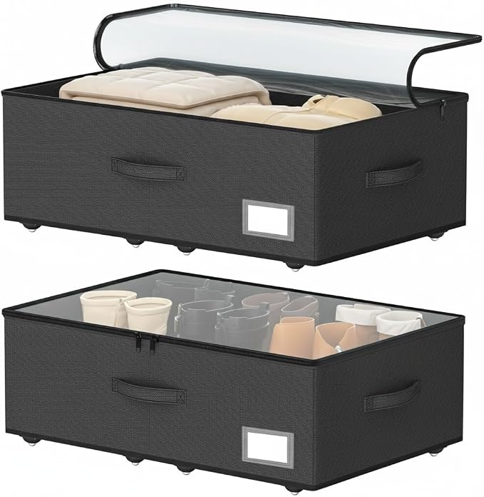 EE-RoomWorld Underbed Storage With Wheels, No Assemble Required 12 inches Height Under bed Storage Bins,Large Capacity Rolling Shoe Storage Containers，Dorm clothes Storage