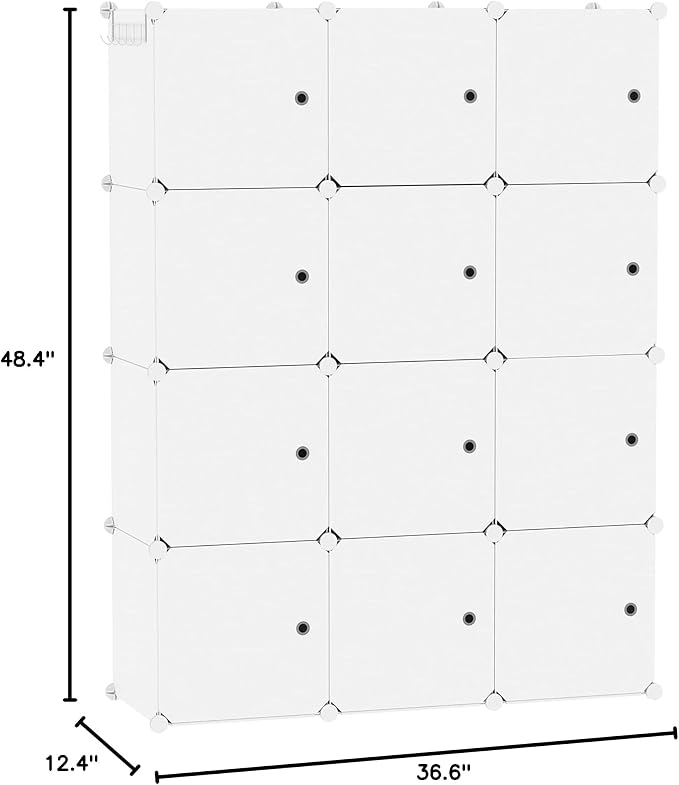 C&AHOME 12-Cube Storage Organizer with Door Cube Shelf Closet Cabinet Milky | DIY Plastic Modular Bookshelf, Stackable Clothes Storage Shelving Ideal for Home, Bedroom, 36.6”L x 12.4”W x 48.4”H