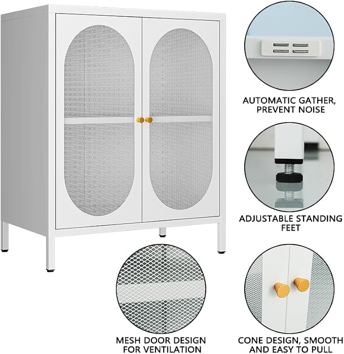 2 Mesh Door Accent Storage Cabinet for Home, LivingRoom, Office Room,Kitchen-Metal Locker Cabinet with 1 Adjustable Shelves-2-Tier (Small Mesh Door, White)