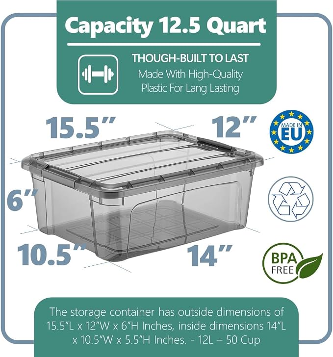 Tribello 12.5 Quart Storage Bins with Lids, Plastic Storage Containers with Latching Lids For Organizing - Tinted - (15.5’ x 12” x 6”) - Set of 2 - Made in EU