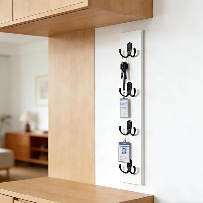 Vertical Key Holder for Wall Mounted Vertical Wooden Key Rack Organizer with Hooks-Space-Saving Key Rack for Apartment, Dorm, RV, Leash & Coat Hanger (White)