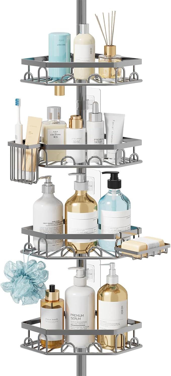 Consumest Shower Caddy Tension Pole, Shower Caddy Corner, Silver, 4 Tier | 304 Stainless Steel Rustproof, Adjustable 27.6-108.3 Inch, Corner Shower Shelves, Brush & Soap Holder