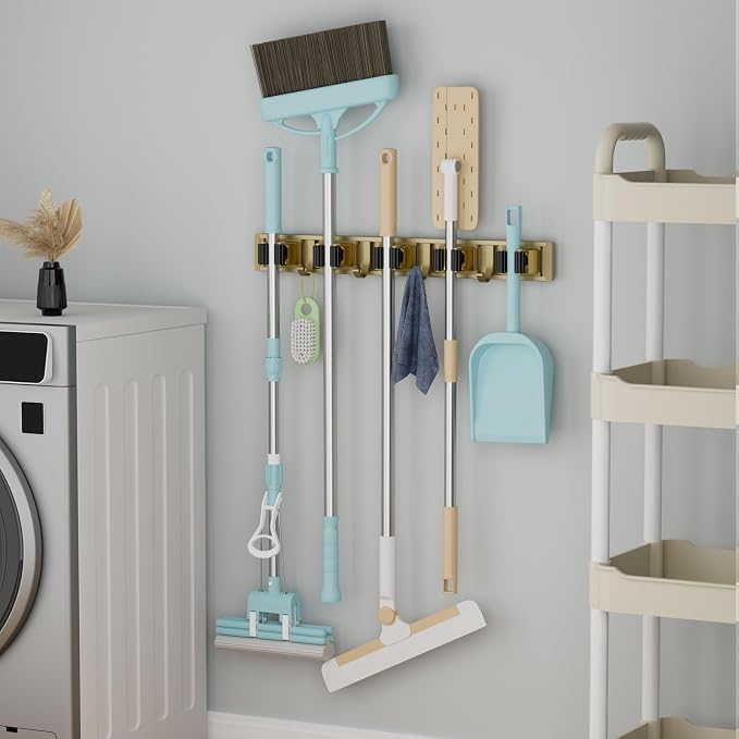 reliahom Broom Holder Wall Mount Mop Hanger Tools organizer 5Racks 4Hooks | Adjustable Mop Broom Wall Hanging Heavy duty Tools Storage Rack Space-saving for Garage,Kitchen,Laundry Room,Garden, Bronze