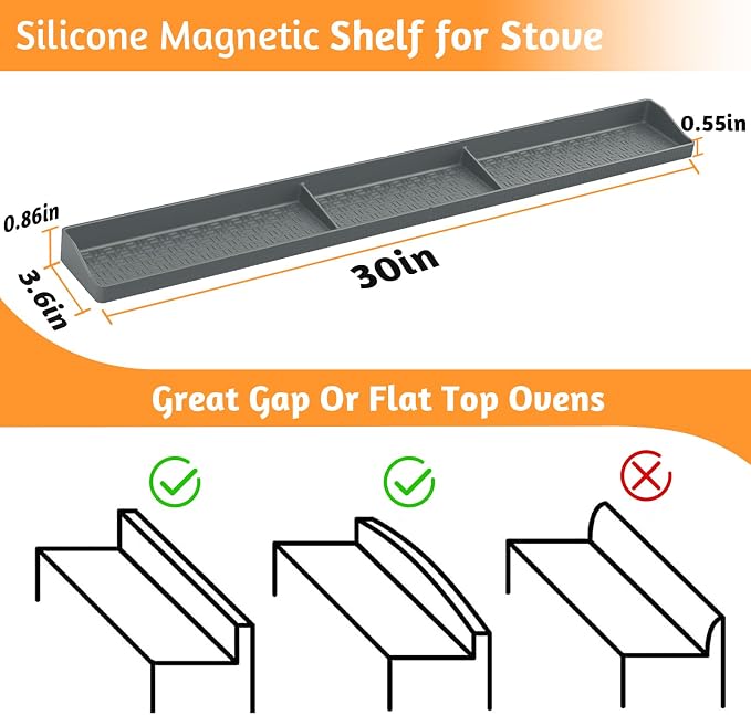 Magnetic Stove Shelf for Back of Stove, 30 Inch Silicone Stove Top Spice Rack for Kitchen Organization, Heat Resistant Over the Stove Shelf with 6 Powerful Magnets, Fits Flat & Curved Stoves- Grey