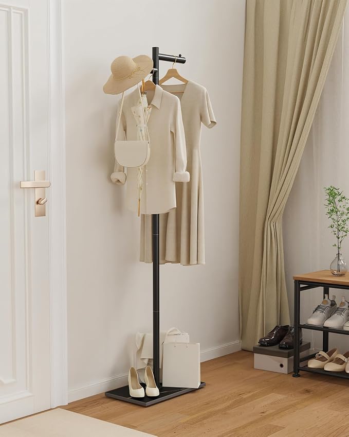 Freestanding Metal Coat Racks with Natural Rock Base,68.9in,Black | Z-Shaped Garment Rack with Anti Slip Knot,Clothes Display Stand with natural Patterns,Coat Tree for Bedroom,Office,Hallway