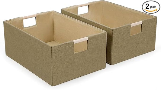 Foldable Fabric Storage Baskets Set of 2 for Shelves, Linen Decorative Storage Bins with Wooden Handles, Small Organizer Cubes for Closet, Rectangle Canvas Boxes for Organizing, Decor (Brown 2 Pack)