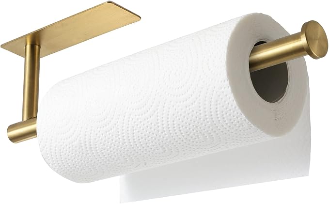 theaoo Under Cabinet Paper Towel Holder for Kitchen, Adhesive, 2 Pack Gold | Self-Adhesive or Screw Mount for Cabinets and Walls; Durable SUS304 Stainless Steel Fits Standard and Jumbo Rolls