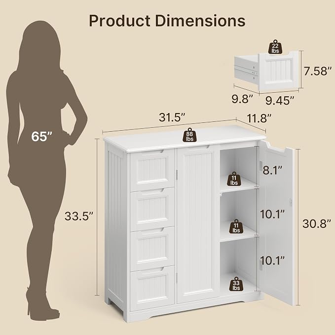 Gizoon Storage Cabinet, Bathroom Storage Cabinet with 4 Drawers & 2 Doors | Freestanding Floor Cabinet with Adjustable Shelf, Ample Storage Space for Bathroom, Kitchen, Living Room, Entryway, White