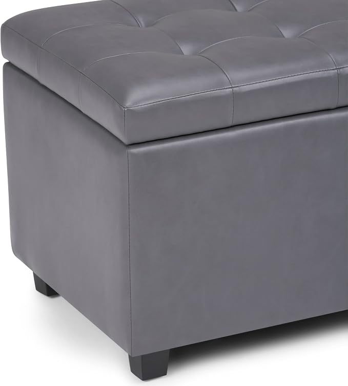 SIMPLIHOME Cosmopolitan 34" Wide Vegan Leather Storage Ottoman in Brown | Stone grey, transitional storage ottoman with tufting and lift-up lid; rectangle storage bench for living room or entryway.