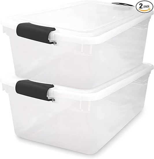 HOMZ 64 Quart Secure Seal Latch Clear Plastic Bin | Stackable & Nestable | Easy Grip Latching Handles | Home, Office, Dorm Room Organization | Grey Handles, 2 Pack | Gray Latches - Stackable Container Boxes for Bedroom, Bathroom, Garage, and Office Org...