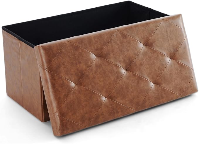 Sweetcrispy 30 Inch Folding Storage Ottoman Bench, Ottoman with Storage | Foot Rest Stool with Padded Seat, End of Bed Storage Bench for Living Room, Bedroom, Loads 660 LBS, Synthetic Leather, Brown