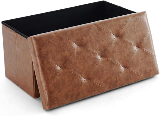 Sweetcrispy 30 Inch Folding Storage Ottoman Bench, Ottoman with Storage | Foot Rest Stool with Padded Seat, End of Bed Storage Bench for Living Room, Bedroom, Loads 660 LBS, Synthetic Leather, Brown